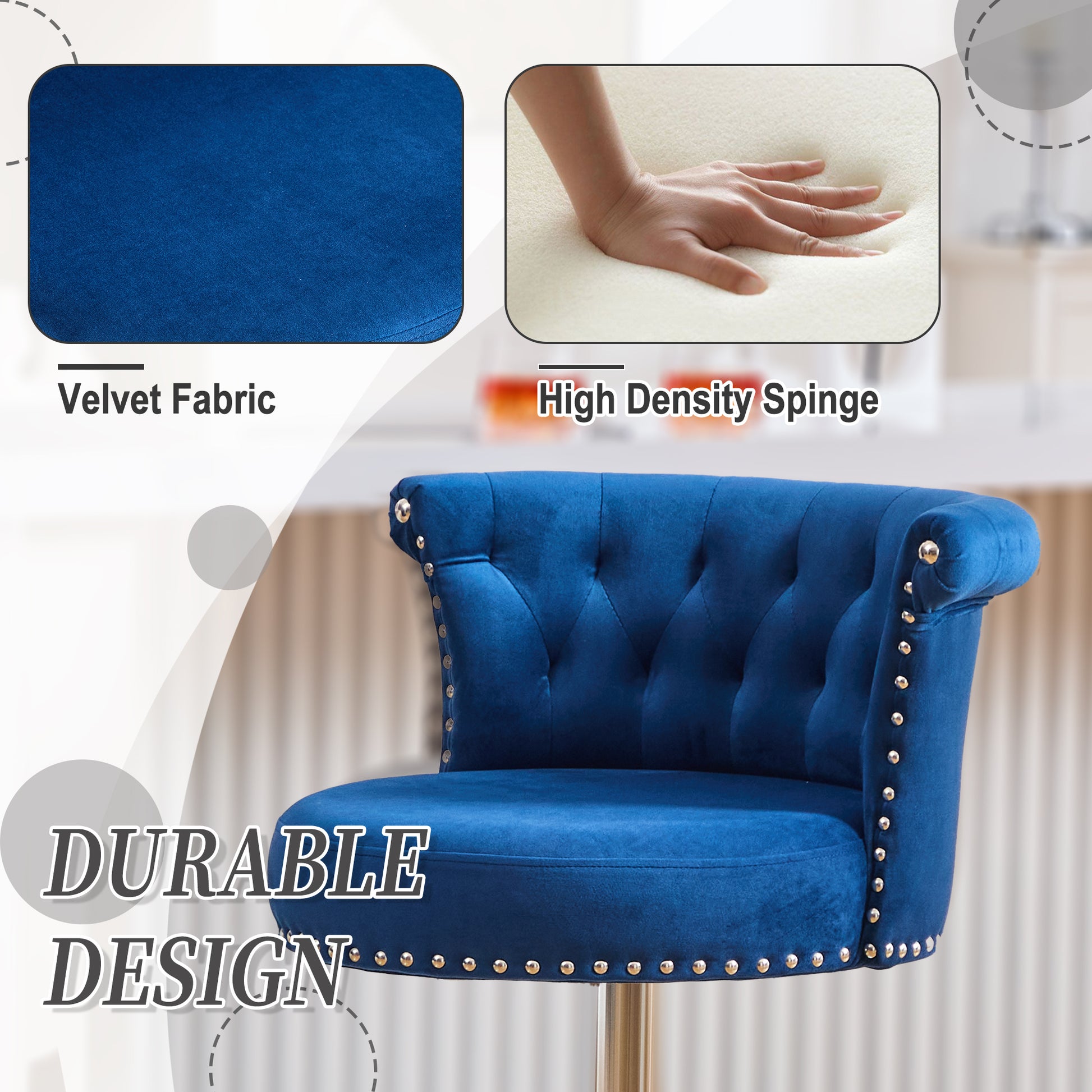 COOLMORE Velvet Bar Stool Set of 2, Adjustable Swivel Bar Stools with Silver Plated Metal Leg, Chrome Nailhead, Counter Height Chair for Kitchen,Dining Room-海智集-Default-