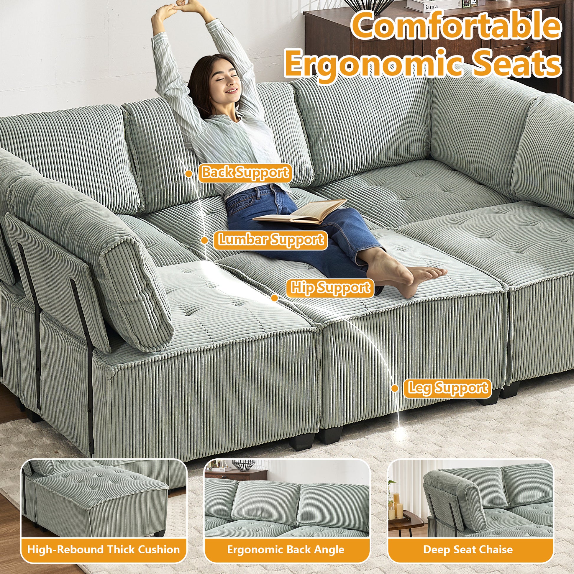 UNITED WE WIN Modular Sectional Sofa U Shaped Modular Couch with Reversible Chaise Modular Sofa Sectional Couch,6- Seat Convertible Sofa,Fit for Living Room-海智集-Default-