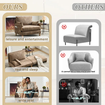 Mid-Century Modern Foldable Sofa Bed Recliner, 3-in-1 Convertible Sleeper with Three Pillows, Light Brown Chenille, Ideal for Small Spaces-海智集-Default-