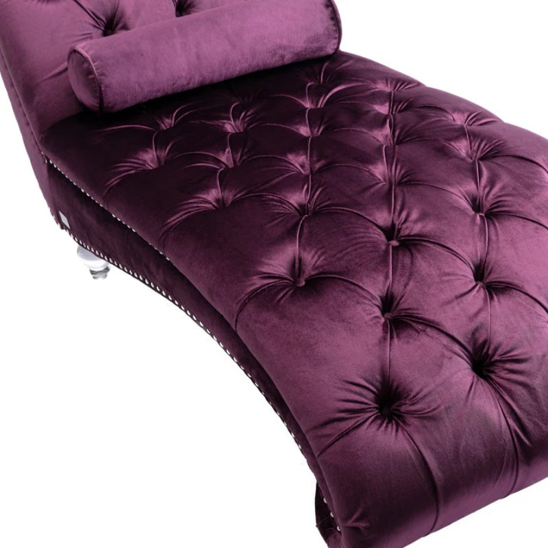 Velvet Chaise Lounge Indoor, Button-Tufted Upholstered Chaise Lounge Chair with Pillow for Bedroom Living Room Office, Purple Velvet-海智集-Default-