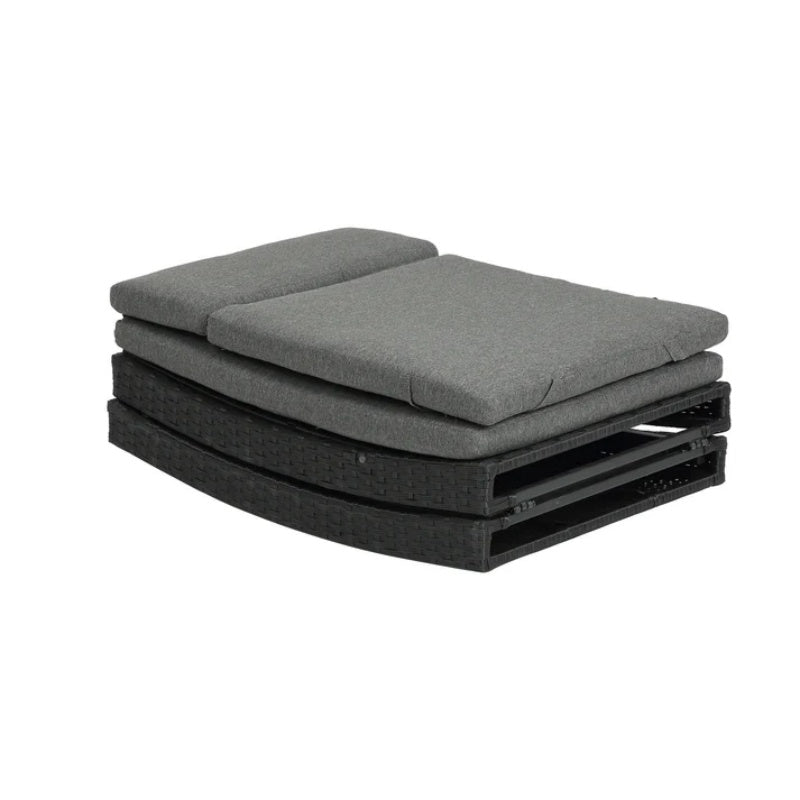 Steel folding Lounge Sets Outdoor Rattan Adjustable Back 3 Pieces Cushioned Patio Folding Chaise Lounge with Folding Table (Gray)-海智集-Default-