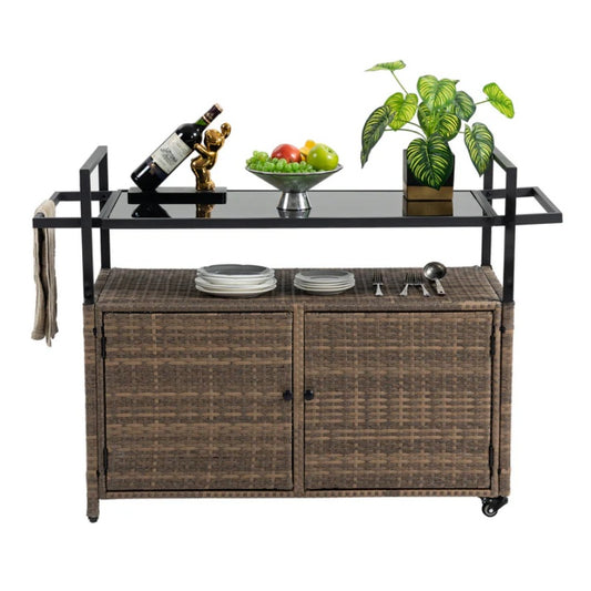 Outdoor Wicker Bar Cart, Patio Wine Serving Cart w/Wheels , Rolling Rattan Beverage Bar Counter Table w/Glass Top for Porch Backyard Garden Poolside Party, Light brown-海智集-Default-