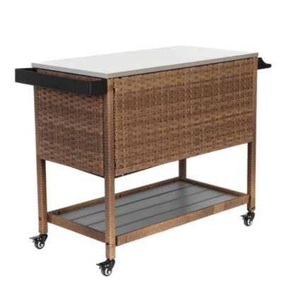 Outdoor Wicker Bar Cart, Patio Wine Serving Cart w/Wheels, Rolling Rattan Beverage Bar Counter Table w/Glass Top for Porch Backyard Garden Poolside Party, Brown-海智集-Default-