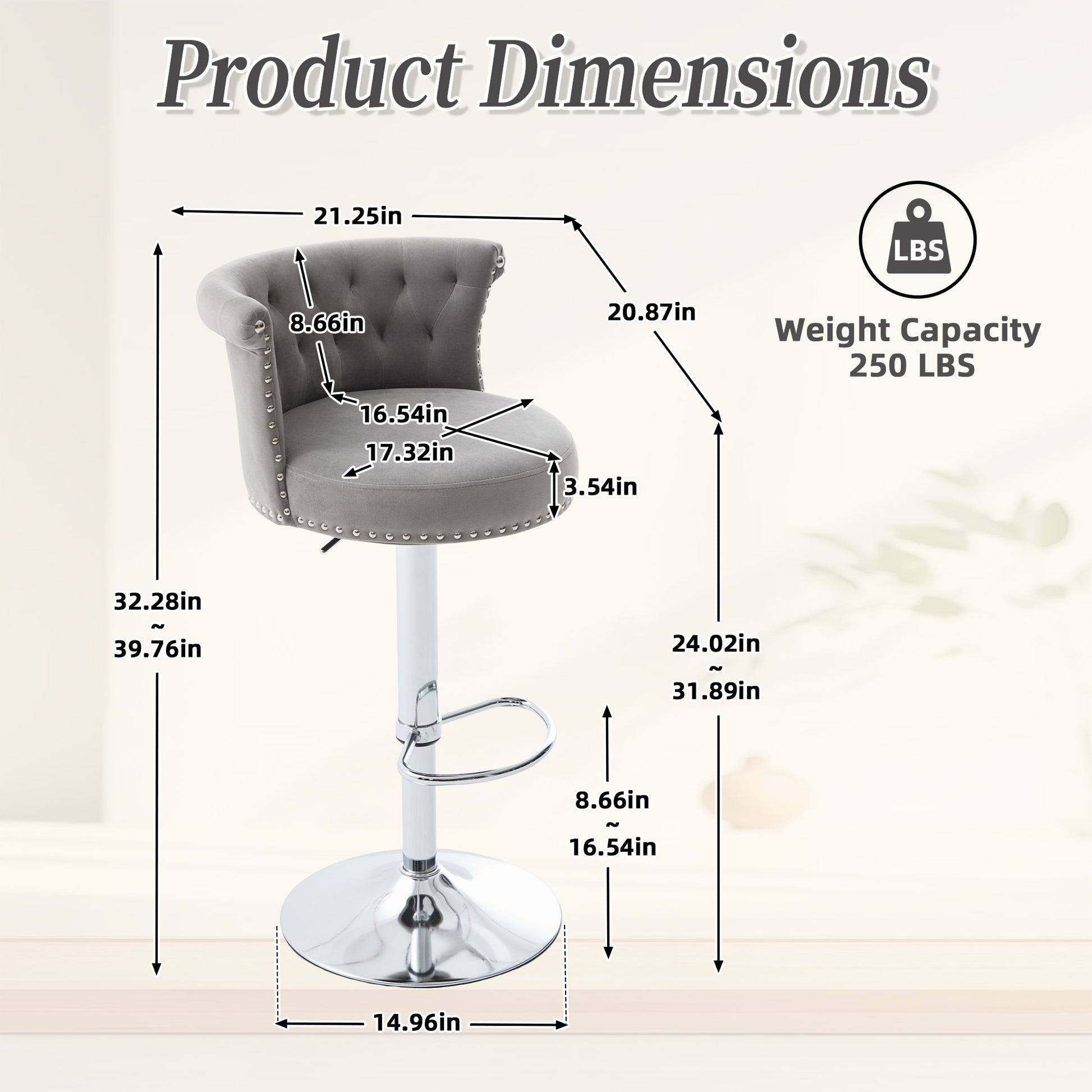 COOLMORE Velvet Bar Stool Set of 2, Adjustable Swivel Bar Stools with Silver Plated Metal Leg, Chrome Nailhead, Counter Height Chair for Kitchen,Dining Room-海智集-Default-