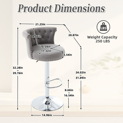 COOLMORE Velvet Bar Stool Set of 2, Adjustable Swivel Bar Stools with Silver Plated Metal Leg, Chrome Nailhead, Counter Height Chair for Kitchen,Dining Room-海智集-Default-