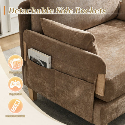 Mid-Century Modern Foldable Sofa Bed Recliner, 3-in-1 Convertible Sleeper with Three Pillows, Light Brown Chenille, Ideal for Small Spaces-海智集-Default-