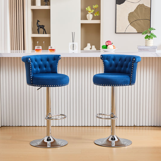 COOLMORE Velvet Bar Stool Set of 2, Adjustable Swivel Bar Stools with Silver Plated Metal Leg, Chrome Nailhead, Counter Height Chair for Kitchen,Dining Room-海智集-Default-