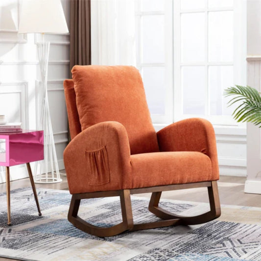 COOLMORE Rocking Chair, Modern Glider Chair, Recliner Armchair with Wood Legs and Side Pocket, Nursery Rocking Accent Chair with High Back for Living Room Bedroom (Orange linen)-海智集-Default-