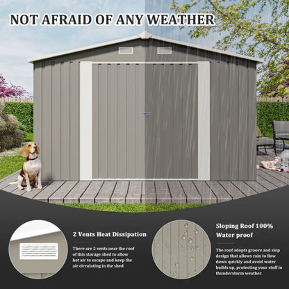 Campcraft Outdoor Storage Shed 10×14 FT with 3 Lockable Doors,Utility Tool Shed Metal Storage Garden Sheds Frame and 4 Vents,for Backyard,Patio,Lawn,Light Grey-海智集-Default-