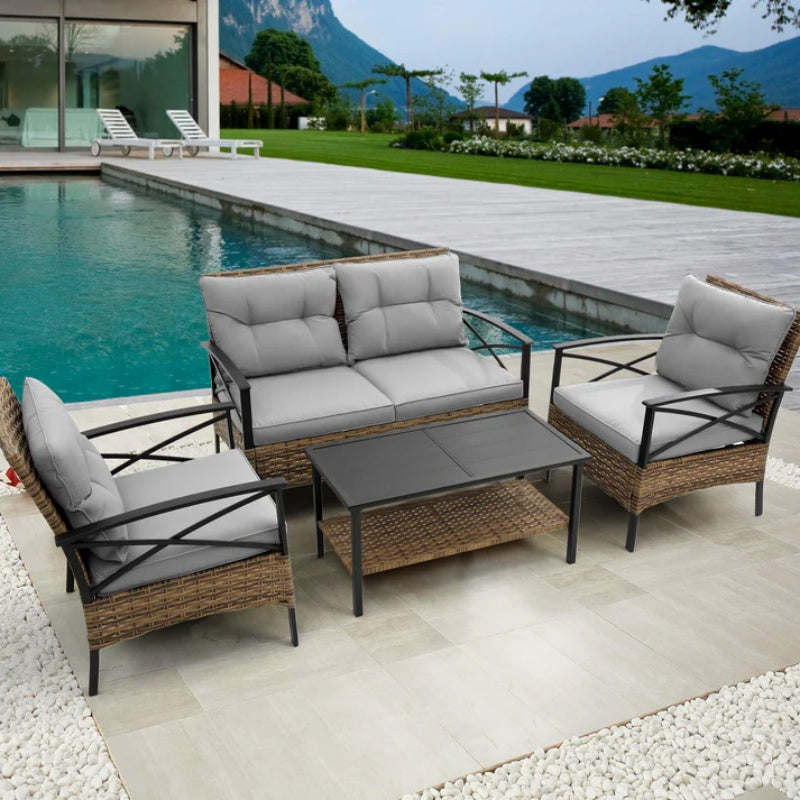 Patio 4 piece sectional low dining conversation sofa set- KD rattan wicker outdoor garden furniture corner sofa set with cushion.-海智集-Default-