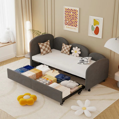 Modern Twin Size Velvet Upholstered Daybed with Additional Bed Frame, Dark Gray, Solid Wood Structure-海智集-Default-