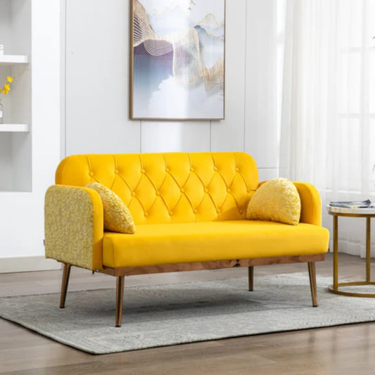 COOLMORE Modern Velvet Loveseat Sofa , Comfy Upholstered 2-Seater Sofa with Gold Metal Legs, Small Loveseat Accent Couch for Living Bedroom Leisure Areas (Yellow Velvet)-海智集-Default-