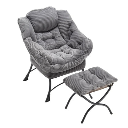Lazy Chair with Ottoman, Modern Lounge Accent Chair with Armrests and a Side Pocket, Leisure Upholstered Sofa Chair Reading Chair with Footrest for Small Space, Corner Chair-Grey-海智集-Default-