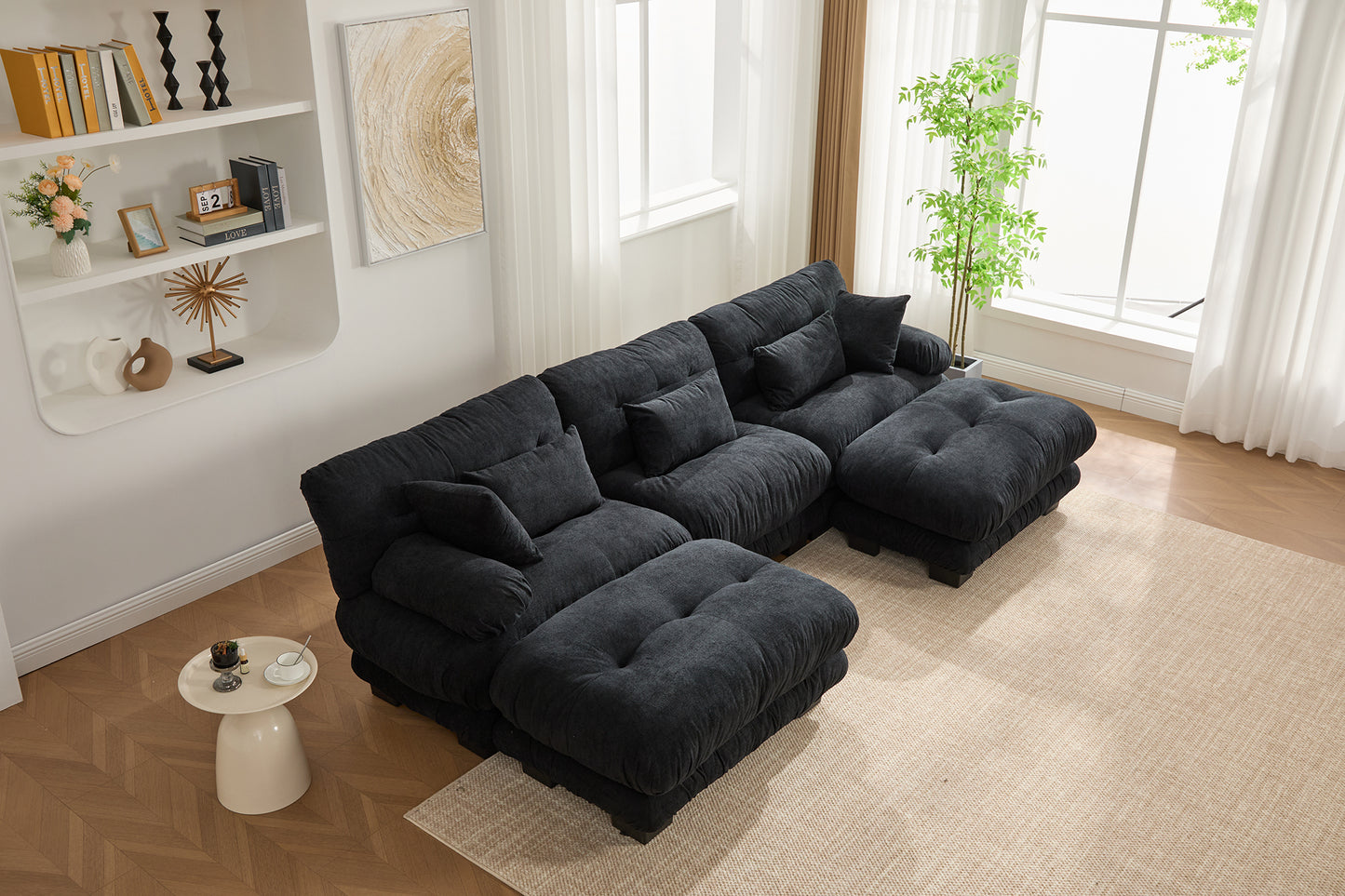 UNITED WE WIN Pelletized velvet U Shape Cloud Couch with 2 Ottomans,Free Combined 3 Seater Comfy Sofa with Bolster Armrest Pillows, sofa for Living Room-海智集-Default-