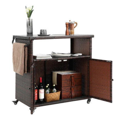 Outdoor Wicker Bar Cart, Patio Wine Serving Cart w/Wheels , Rolling Rattan Beverage Bar Counter Table w/Glass Top for Porch Backyard Garden Poolside Party, Light brown-海智集-Default-