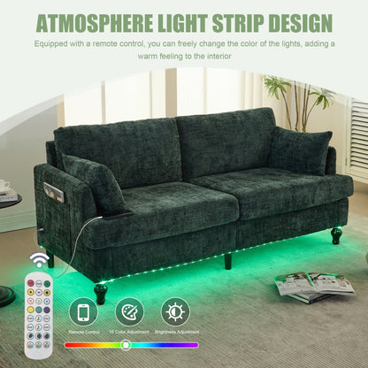 Modern Chenille 2-Seater Sofa with LED Light, USB Charging Port, and Storage Bag in Emerald-海智集-Default-