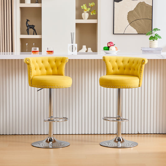COOLMORE Velvet Bar Stool Set of 2, Adjustable Swivel Bar Stools with Silver Plated Metal Leg, Chrome Nailhead, Counter Height Chair for Kitchen,Dining Room-海智集-Default-