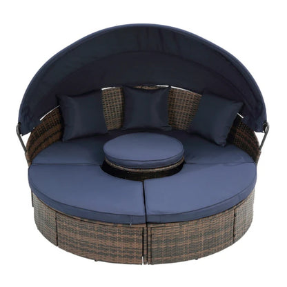 Hot Sale KD Rattan Round Lounge With Canopy Bali Canopy Bed Outdoor, Wicker Outdoor Sofa Bed with lift coffee table-海智集-Default-
