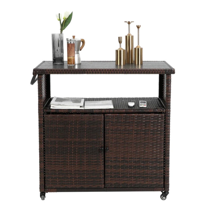 Outdoor Wicker Bar Cart, Patio Wine Serving Cart w/Wheels , Rolling Rattan Beverage Bar Counter Table w/Glass Top for Porch Backyard Garden Poolside Party, Light brown-海智集-Default-