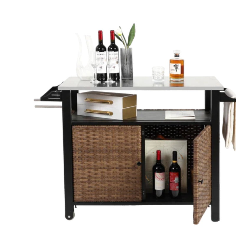 Outdoor Kitchen Wicker Island Rolling Cart & Storage Cabinet, Wheels and Stainless Steel Extended Table Top, Side Handle for Patio Kitchen or Bar Cart, Brown-海智集-Default-