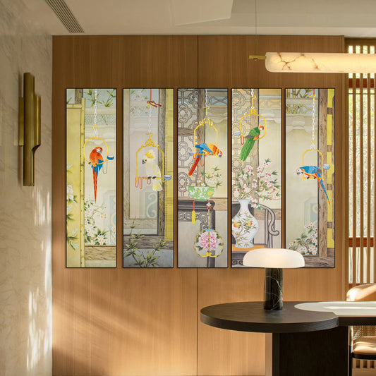 Bulk Order for Suzhou 3D Full-Embroidery Wall Art Featuring core 3D full-embroidery, high-quality materials & commercial standards. Ideal for hotel chains, enterprise groups, etc., for unified interior upgrades.Five - panel Parrot Picture-海智集-
