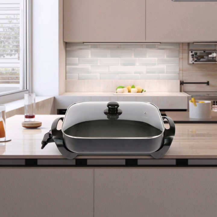 Best Popular 1500W Electric Frying Pan Smokeless Aluminum Non-Stick Glass Lid for Household Use US Plug 4L-6L PTFE Coating-海智集-
