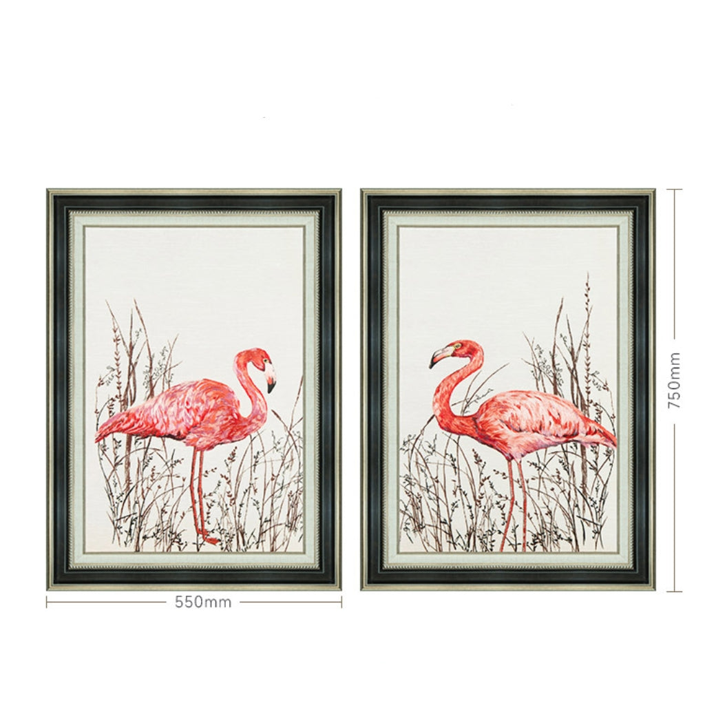 Commercial Suzhou Full Embroidery — framed, simulated silk, soft luster. Dual craftsmanship. Wholesale for decor firms, commercial use; home use too. Art decor for hotels, offices, residences.Flamingos-海智集-