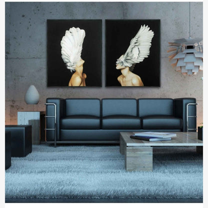 Commercial Suzhou Full Embroidery — framed, simulated silk, soft luster. Dual craftsmanship. Wholesale for decor firms, commercial use; home use too. Art decor for hotels, offices, residences.Angel Wings 1-海智集-