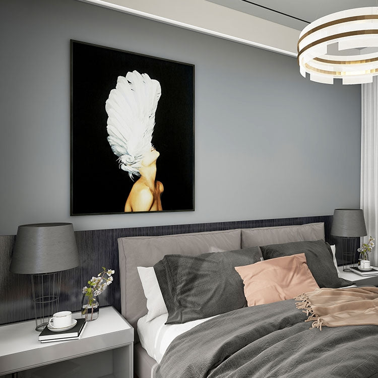 Commercial Suzhou Full Embroidery — framed, simulated silk, soft luster. Dual craftsmanship. Wholesale for decor firms, commercial use; home use too. Art decor for hotels, offices, residences.Angel Wings 2-海智集-
