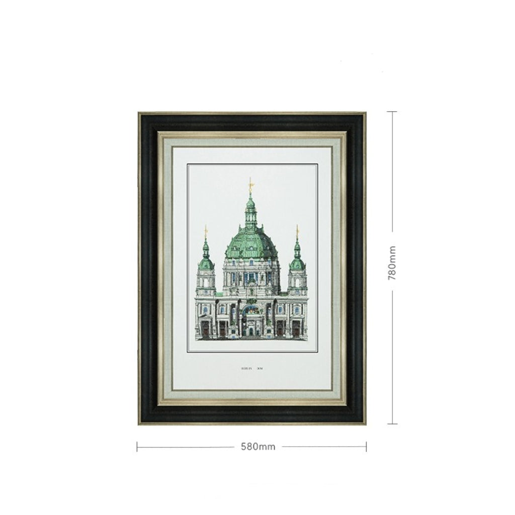 Commercial Suzhou Full Embroidery — framed, simulated silk, soft luster. Dual craftsmanship. Wholesale for decor firms, commercial use; home use too. Art decor for hotels, offices, residences.Berlin Cathedral-海智集-
