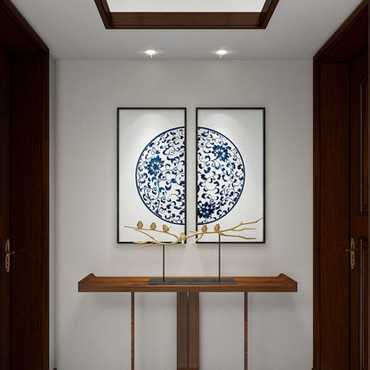 Commercial Suzhou Full Embroidery — framed, simulated silk, soft luster. Dual craftsmanship. Wholesale for decor firms, commercial use; home use too. Art decor for hotels, offices, residences.Blue - and - White Porcelain 2-海智集-