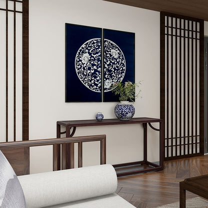 Commercial Suzhou Full Embroidery — framed, simulated silk, soft luster. Dual craftsmanship. Wholesale for decor firms, commercial use; home use too. Art decor for hotels, offices, residences.Blue - and - White Porcelain 2-海智集-