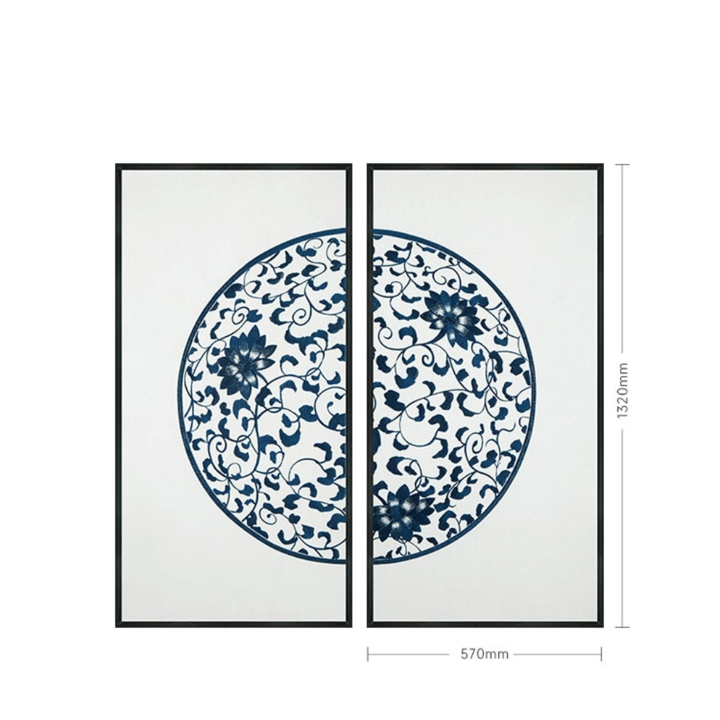 Commercial Suzhou Full Embroidery — framed, simulated silk, soft luster. Dual craftsmanship. Wholesale for decor firms, commercial use; home use too. Art decor for hotels, offices, residences.Blue - and - White Porcelain 2-海智集-