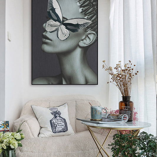 Commercial Suzhou Full Embroidery — framed, simulated silk, soft luster. Dual craftsmanship. Wholesale for decor firms, commercial use; home use too. Art decor for hotels, offices, residences.Butterfly Woman One-海智集-
