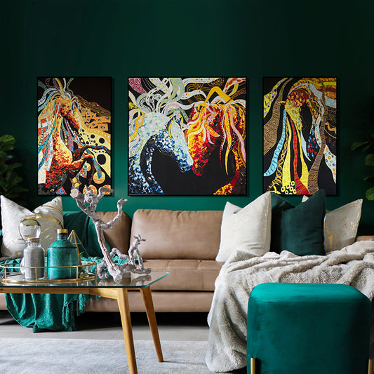 Commercial Suzhou Full Embroidery — framed, simulated silk, soft luster. Dual craftsmanship. Wholesale for decor firms, commercial use; home use too. Art decor for hotels, offices, residences.Colorful Horse-海智集-