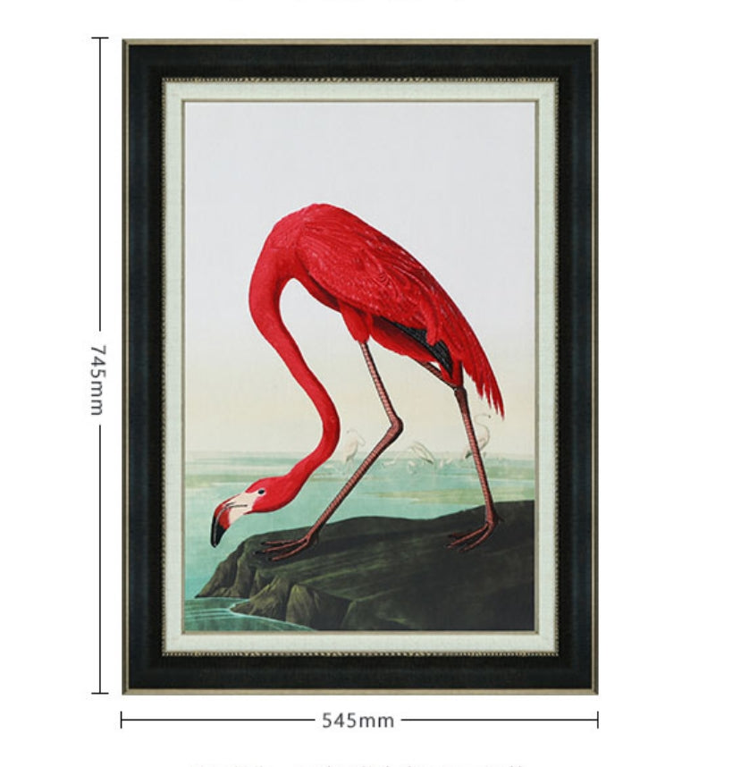 Commercial Suzhou Full Embroidery — framed, simulated silk, soft luster. Dual craftsmanship. Wholesale for decor firms, commercial use; home use too. Art decor for hotels, offices, residences.Flamingo Three-海智集-
