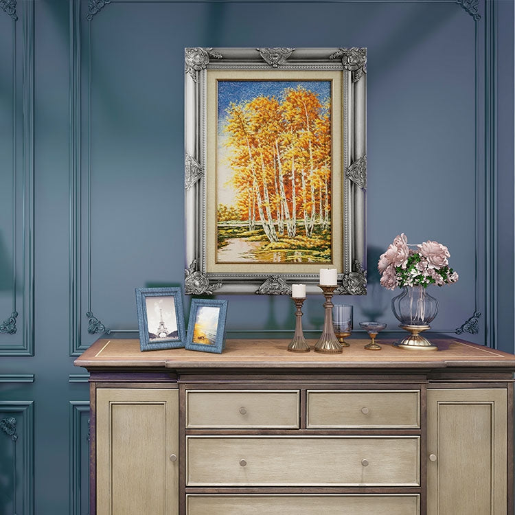 Commercial Suzhou Full Embroidery — framed, simulated silk, soft luster. Dual craftsmanship. Wholesale for decor firms, commercial use; home use too. Art decor for hotels, offices, residences.Golden Birch Forest-海智集-