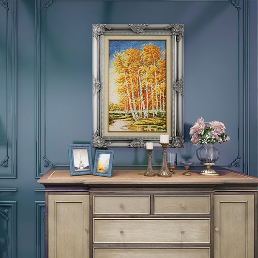 Commercial Suzhou Full Embroidery — framed, simulated silk, soft luster. Dual craftsmanship. Wholesale for decor firms, commercial use; home use too. Art decor for hotels, offices, residences.Golden Birch Forest-海智集-