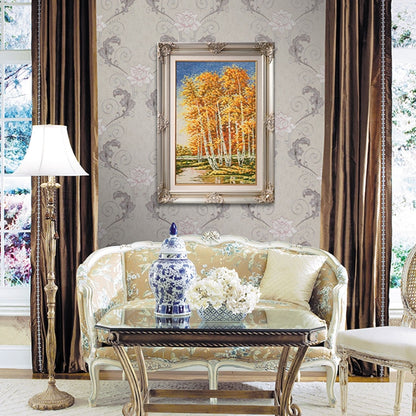Commercial Suzhou Full Embroidery — framed, simulated silk, soft luster. Dual craftsmanship. Wholesale for decor firms, commercial use; home use too. Art decor for hotels, offices, residences.Golden Birch Forest-海智集-