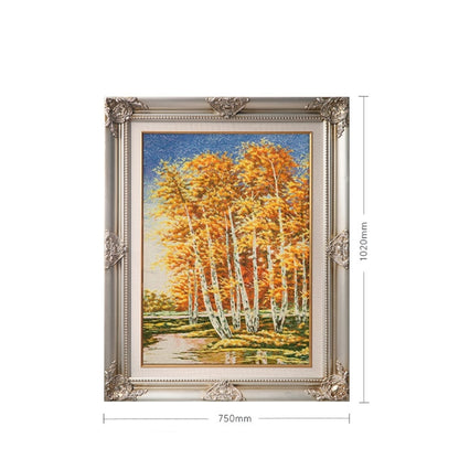 Commercial Suzhou Full Embroidery — framed, simulated silk, soft luster. Dual craftsmanship. Wholesale for decor firms, commercial use; home use too. Art decor for hotels, offices, residences.Golden Birch Forest-海智集-