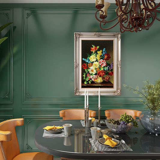 Commercial Suzhou Full Embroidery — framed, simulated silk, soft luster. Dual craftsmanship. Wholesale for decor firms, commercial use; home use too. Art decor for hotels, offices, residences.Flower in a Golden Vase-海智集-