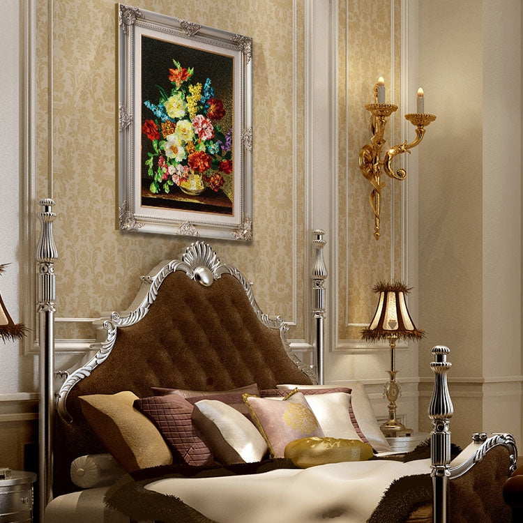 Commercial Suzhou Full Embroidery — framed, simulated silk, soft luster. Dual craftsmanship. Wholesale for decor firms, commercial use; home use too. Art decor for hotels, offices, residences.Flower in a Golden Vase-海智集-