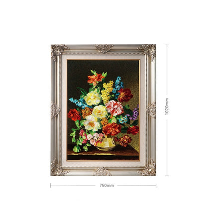 Commercial Suzhou Full Embroidery — framed, simulated silk, soft luster. Dual craftsmanship. Wholesale for decor firms, commercial use; home use too. Art decor for hotels, offices, residences.Flower in a Golden Vase-海智集-