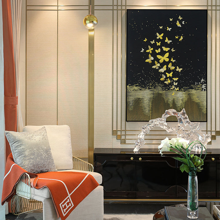 Commercial Suzhou Full Embroidery — framed, simulated silk, soft luster. Dual craftsmanship. Wholesale for decor firms, commercial use; home use too. Art decor for hotels, offices, residences.Golden Butterfly-海智集-