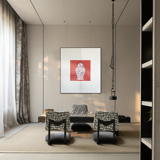 Commercial Suzhou Full Embroidery — framed, simulated silk, soft luster. Dual craftsmanship. Wholesale for decor firms, commercial use; home use too. Art decor for hotels, offices, residences.GorgeousBlue - and - White with Red AccentsⅠ-海智集-