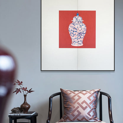 Commercial Suzhou Full Embroidery — framed, simulated silk, soft luster. Dual craftsmanship. Wholesale for decor firms, commercial use; home use too. Art decor for hotels, offices, residences.GorgeousBlue - and - White with Red AccentsⅠ-海智集-