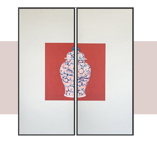 Commercial Suzhou Full Embroidery — framed, simulated silk, soft luster. Dual craftsmanship. Wholesale for decor firms, commercial use; home use too. Art decor for hotels, offices, residences.GorgeousBlue - and - White with Red AccentsⅡ-海智集-