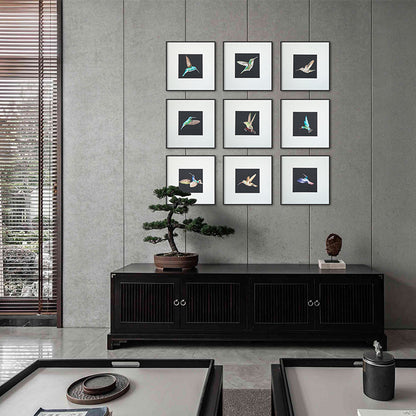 Commercial Suzhou Full Embroidery — framed, simulated silk, soft luster. Dual craftsmanship. Wholesale for decor firms, commercial use; home use too. Art decor for hotels, offices, residences.GorgeousCollection of Hummingbirds-海智集-
