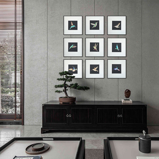 Commercial Suzhou Full Embroidery — framed, simulated silk, soft luster. Dual craftsmanship. Wholesale for decor firms, commercial use; home use too. Art decor for hotels, offices, residences.GorgeousCollection of Hummingbirds-海智集-