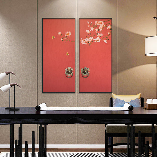 Commercial Suzhou Full Embroidery — framed, simulated silk, soft luster. Dual craftsmanship. Wholesale for decor firms, commercial use; home use too. Art decor for hotels, offices, residences.GorgeousRed Courtyards with Jade StepsⅠ-海智集-